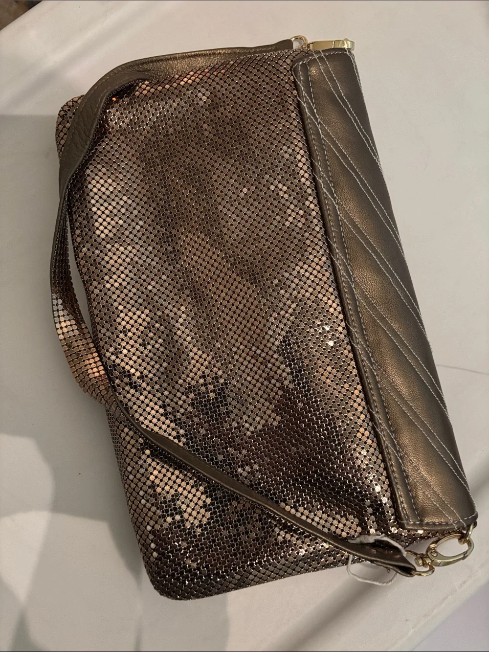Whiting & Davis Metallic Bronze Quilted Flap Shoulder Bag